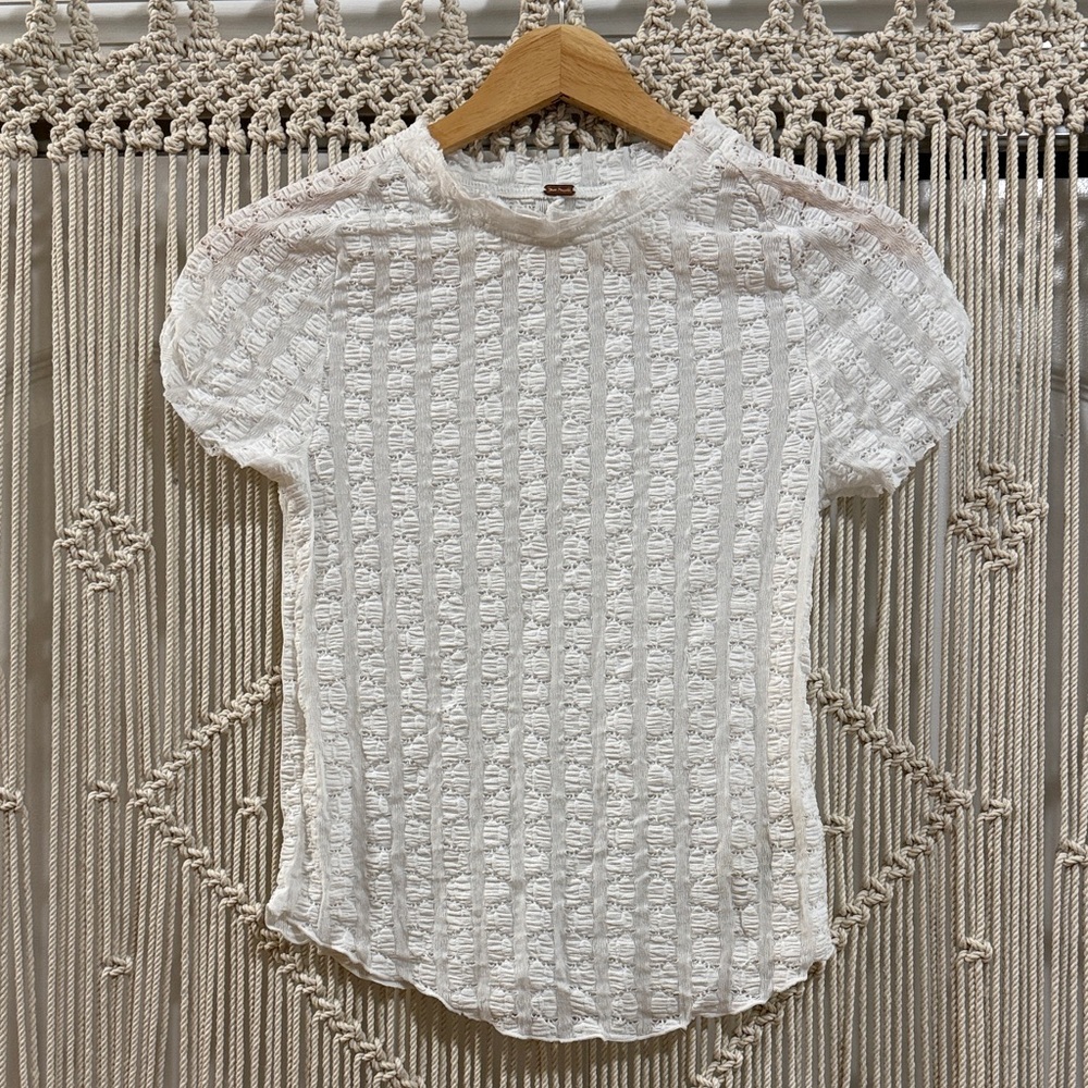 Free People White Textured Short Sleeve Top